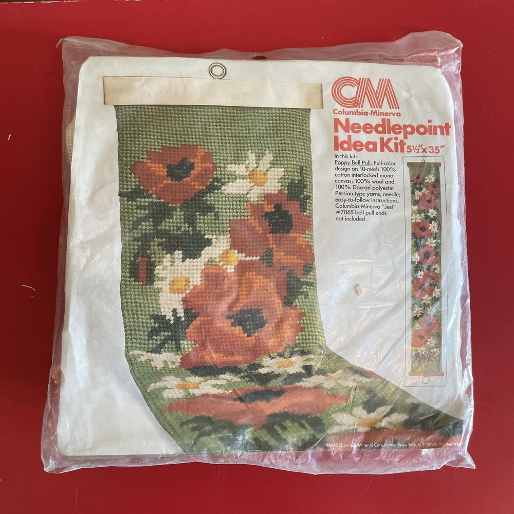 Vintage 1976 Poppy Bell Pull Columbia‎ Minerva Needlepoint Idea Kit 10 Mesh